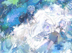 2girls absurdres ankle_socks apron bare_shoulders bird black_collar black_dress black_footwear black_garter black_horns black_skirt black_sleeves blue_hair blue_ribbon blunt_bangs book bow buttons cake cake_slice chinese_commentary collar collared_shirt commentary_request commission commissioner_name creature dated detached_sleeves double_bun dress fangs food foot_out_of_frame frilled_apron frilled_collar frilled_garter frilled_sleeves frilled_socks frilled_thigh_strap frilled_wrist_cuffs frills globe gloves hair_bun hair_ribbon hairband high-waist_skirt highres horns leglet long_sleeves looking_at_viewer lying maid maid_headdress mary_janes medium_hair miniskirt multiple_girls neck_ribbon o-ring_legwear_garter on_back open_mouth original outstretched_arms paper pen pink_bow plate puffy_long_sleeves puffy_short_sleeves puffy_sleeves purple_eyes purple_ribbon ribbon shade shirt shoes short_dress short_sleeves sitting skirt sleeveless sleeveless_shirt sleeves_past_fingers sleeves_past_wrists small_horns smile socks spiked_hairband spikes stairs thank_you thigh_strap tile_floor tiles tree vihua6 waist_apron wariza watermark weibo_watermark white_apron white_collar white_gloves white_hairband white_headdress white_shirt white_sleeves white_socks white_wrist_cuffs wrist_cuffs
