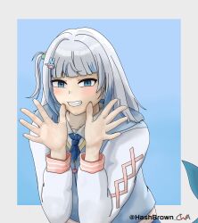 absurdres blue_background blue_eyes blue_necktie fins fish_tail gawr_gura gawr_gura_(school_uniform) hair_ornament hashbrown_cwa highres hololive hololive_english necktie shark_girl shark_tail sharp_teeth shirt side_ponytail tail teeth virtual_youtuber white_shirt