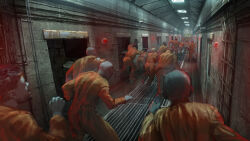 6+boys absurdres alarm_siren bald beard black_hair chinese_commentary commentary_request door facial_hair girls&#039;_frontline highres indoors jumpsuit long_sleeves manha_utsutsuki multiple_boys official_art open_door orange_jumpsuit prison prison_break prison_clothes running scenery security_camera shoes short_hair sink skylight very_short_hair