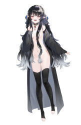 1girl absurdres black_hair black_thighhighs blush breasts cape choker coat convenient_censoring fingerless_gloves gloves grey_hair groin hair_censor hair_over_breasts hair_over_crotch hair_over_one_breast highres jacket ji_dao_ji long_hair medium_breasts naked_cape naked_coat naked_jacket navel no_bra open_mouth original pointy_ears red_eyes simple_background solo stomach thigh_strap thighhighs toeless_legwear very_long_hair white_background