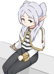 1girl black_thighhighs bow bow_panties closed_mouth elf female_focus frieren green_eyes jua looking_at_another medium_hair nose panties pointy_ears shadow shirt simple_background sitting solo sousou_no_frieren t-shirt thighhighs underwear white_background white_bow white_hair white_panties