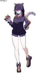 1girl absurdres animal_hood black_hoodie black_shoes blowing_bubble_gum breasts cat_hood chewing_gum collarbone duel_monster em:p_meowmine fake_tail full_body hair_between_eyes hand_on_own_hip hat_under_hood highres hood hood_up hoodie i:p_masquerena jetihyeon medium_breasts official_alternate_costume purple_eyes purple_hair purple_shorts shoes shorts simple_background solo standing tail thighs white_background yu-gi-oh!