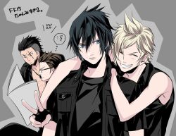 4boys arm_around_shoulder arm_on_another&#039;s_shoulder black_gloves black_hair black_jacket black_shirt blonde_hair blue_eyes breast_pocket brown_eyes brown_hair closed_eyes collared_jacket commentary_request crew_neck final_fantasy final_fantasy_xv fingerless_gloves gladiolus_amicitia glasses gloves grin hair_between_eyes holding holding_map ignis_scientia jacket jewelry looking_to_the_side male_focus map mohawk multiple_boys necklace noctis_lucis_caelum parted_hair pocket prompto_argentum reading sarachi_yomi scar scar_across_eye scar_on_face shirt sideburns sideways_glance single_bare_shoulder sleeveless smile speech_bubble teeth thought_bubble v-shaped_eyebrows wing_collar