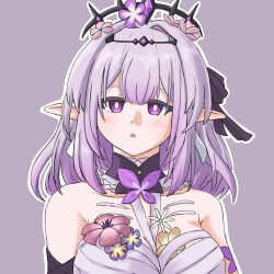 Rule 34 | 1girl, :o, bare shoulders, black ribbon, black tiara, blush, breasts, castorice (honkai: star rail), dress, flower, grey background, hair flower, hair ornament, hair ribbon, highres, honkai: star rail, honkai (series), large breasts, looking at viewer, mokkyo (motkyo), parted lips, pink flower, pointy ears, purple flower, ribbon, simple background, solo, tiara, upper body, white dress