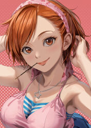 1girl absurdres bandana breasts brown_eyes camisole closed_mouth collarbone commentary_request devil_survivor devil_survivor_(series) food highres jewelry large_breasts lips looking_at_viewer macossa necklace orange_hair pocky polka_dot polka_dot_background ribbon short_hair smile solo tanigawa_yuzu