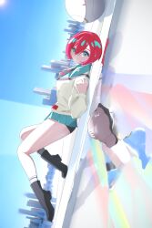 Rule 34 | 1girl, absurdres, amate yuzuriha, aqua eyes, boots, boyshort panties, dress, gundam, gundam gquuuuuux, hair between eyes, highres, necktie, pleated dress, red hair, school uniform, short hair, smile, solo, sweater