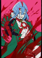 1other :d androgynous armor ascot belt black_belt black_border blood blood_splatter blue_hair bob_cut border bow center-flap_bangs coat collar commentary cowboy_shot crazy_eyes crazy_smile dalachi_(headdress) dracovish frilled_shirt_collar frills gauntlets gen_8_pokemon green_armor green_coat green_vest hair_bow hair_ornament hairclip highres index_finger_raised lapels lollypopcandy8050 long_sleeves looking_at_viewer nintendo o-ring_collar open_clothes open_coat open_mouth other_focus pants pauldrons peaked_lapels personification pillarboxed pink_background pointing pointing_at_viewer pokemon rectangular_pupils red_coat red_collar shirt short_hair shoulder_armor simple_background single_pauldron single_sidelock smile solo standing teeth two-sided_coat two-sided_fabric vest white_ascot white_bow white_eyes white_pants white_shirt