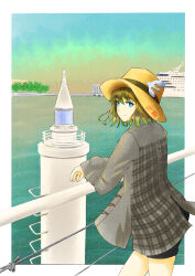 1girl absurdres arm_rest black_shorts blue_eyes border brown_hair closed_mouth coat colored_tips dated green_hair grey_coat hair_between_eyes hat highres long_sleeves looking_at_viewer multicolored_hair ocean original outside_border ship short_hair shorts sky smile solo tsukaasa watercraft white_border wire yellow_hat