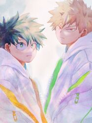 2boys bakugou_katsuki blonde_hair boku_no_hero_academia closed_mouth freckles green_eyes green_hair hair_between_eyes highres hood hood_down hooded_jacket jacket looking_at_viewer looking_to_the_side male_focus midoriya_izuku multiple_boys orange_eyes uni_ssansyo unzipped upper_body v-shaped_eyebrows white_background white_jacket zipper zipper_pull_tab