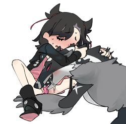 1girl asymmetrical_hair black_hair boots closed_eyes colored_sclera cunnilingus dress gen_8_pokemon highres interspecies loli marnie_(pokemon) nintendo no_panties obstagoon oral pink_sclera pokemon pokemon_(creature) pokemon_swsh pokephilia simple_background sweat tnso tongue undercut white_background