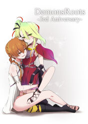 Rule 34 | 2girls, akaimato, anniversary, black boots, boots, braid, brown hair, capelet, closed eyes, commentary request, deathpolca, demons roots, dress, english text, fingerless gloves, gloves, green eyes, green hair, hair between eyes, hand on another&#039;s head, hand on another&#039;s waist, highres, hug, knee boots, knee up, kneeling, lily killer, long hair, multiple girls, red capelet, red dress, sandals, see-through clothes, see-through sleeves, side ponytail, simple background, thighhighs, white dress
