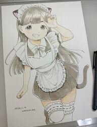 Rule 34 | 1girl, absurdres, animal ears, apron, arm up, art tools in frame, artist name, blunt bangs, bow, bowtie, brown dress, brown eyes, brown hair, cat ears, collar, dated, dot nose, drawing (object), dress, dutch angle, fake animal ears, fake tail, frilled thighhighs, frills, grin, highres, leg up, long hair, looking at viewer, maid, maid apron, maid headdress, nagomurasan, open mouth, original, pastel (medium), paw pose, photo (medium), signature, simple background, smile, solo, swept bangs, tail, thighhighs, traditional media, white background, white bow, white bowtie, white collar, white thighhighs