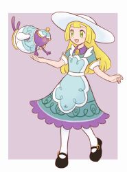 1girl 35yado :d apron black_footwear blonde_hair blue_dress collared_dress dress eyelashes gen_8_pokemon green_eyes hat leg_up lillie_(pokemon) lillie_(special_costume)_(pokemon) long_hair mary_janes nintendo open_mouth pantyhose pokemon pokemon_(creature) pokemon_masters_ex polteageist shoes short_sleeves sleeve_cuffs smile standing standing_on_one_leg sun_hat white_hat white_pantyhose white_sleeve_cuffs