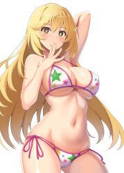+_+ 1girl absurdres arm_behind_head bikini blonde_hair breasts cleavage commentary_request gluteal_fold halterneck highres large_breasts long_hair looking_at_viewer navel official_alternate_costume pinesphere print_bikini shokuhou_misaki shokuhou_misaki_(desired_swimsuit) side-tie_bikini_bottom smile solo sparkling_eyes star_(symbol) star_print star_print_bikini swimsuit symbol-shaped_pupils toaru_majutsu_no_index toaru_majutsu_no_index:_imaginary_fest white_background white_bikini yellow_eyes