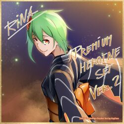 Rule 34 | 1girl, artist name, black kimono, character name, digimon, digimon card game, digimon world re:digitize, gold border, gradient background, green hair, japanese clothes, keyliom, kimono, looking at viewer, official alternate costume, orange eyes, shikishi, shinomiya rina, short hair, smile, solo, upper body