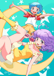 2girls absurdres ahoge artist_name bare_arms blue_background blue_eyeshadow blue_hair blunt_bangs breasts brown_eyes choker cleavage commentary creamy_mami crescent_moon dated drill_hair drill_sidelocks dual_persona eyeshadow frilled_choker frilled_socks frills heart heart_choker highres holding holding_microphone hood idol isedaichi_ken kneehighs leotard looking_at_viewer magical_girl mahou_no_tenshi_creamy_mami makeup medium_breasts medium_hair microphone miniskirt moon morisawa_yuu multiple_girls on_crescent open_mouth orange_shoes outstretched_arms panties pantyshot purple_eyes purple_hair red_choker red_shirt shirt shirt_tucked_in shoes short_hair sidelocks signature sitting skirt smile socks spread_arms star_(symbol) thighs two-tone_shirt underwear upskirt white_panties white_shirt yellow_hood yellow_leotard yellow_skirt yellow_socks