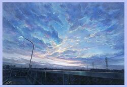 blue_border blue_sky border building cloud cloudy_sky commentary_request dusk lamppost no_humans nzwt original outdoors power_lines scenery signature sky transmission_tower