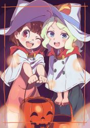 Rule 34 | &gt;:d, &gt;;d, 2girls, :d, ;d, absurdres, aged down, black dress, blonde hair, blue eyes, blush, blush stickers, border, brown eyes, brown hair, capelet, commentary request, diana cavendish, dress, halloween, halloween costume, hat, highres, jack-o&#039;-lantern, kagari atsuko, little witch academia, long hair, looking at viewer, multiple girls, one eye closed, open mouth, outstretched arms, pink dress, round teeth, short hair, smile, standing, tama (tama-s), tareme, teeth, v-shaped eyebrows, wavy hair, white hat, witch, witch hat