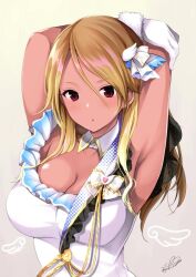 Rule 34 | 1girl, armpits, arms up, azuma yuki, beyond the bluesky (idolmaster), black eyes, blonde hair, blue ribbon, blush, bow, breasts, brown hair, cleavage, collar, collarbone, commentary, dark-skinned female, dark skin, detached collar, dot nose, dress, frilled dress, frills, fur-trimmed gloves, fur trim, gloves, gradient background, gradient hair, gyaru, hair bow, hair ornament, hair ribbon, hime gyaru, holding own arm, idolmaster, idolmaster shiny colors, izumi mei, large breasts, long hair, looking at viewer, multicolored hair, parted lips, ribbon, signature, sleeveless, sleeveless dress, solo, tan, upper body, white collar, white dress, white gloves, white ribbon, wing hair ornament, wings, yellow background