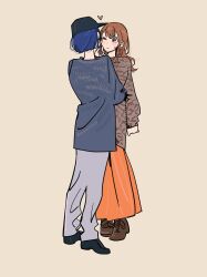 Rule 34 | 2girls, absurdres, baseball cap, black hat, black shoes, blue hair, blue sweater, blush, boots, braid, braided bangs, brown background, brown boots, brown hair, brown sweater, closed mouth, commentary request, full body, grey eyes, grey pants, hanasato minori, hat, heart, highres, holding another&#039;s hair, kani (kaniya), kiritani haruka, long hair, long sleeves, looking at another, multiple girls, one eye closed, orange skirt, pants, project sekai, shoes, short hair, simple background, single sidelock, skirt, sweater, yuri