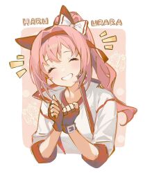 1girl ^_^ animal_ears bow character_name clenched_hands closed_eyes ear_bow ear_covers fingerless_gloves gloves grin hair_intakes haru_urara_(umamusume) headband high_collar highres horse_ears horse_girl jacket long_hair open_clothes open_jacket pink_gloves pink_hair pink_headband ponytail red_gloves shirt smile solo soybean_(hisoybean) teeth umamusume white_bow white_jacket white_shirt