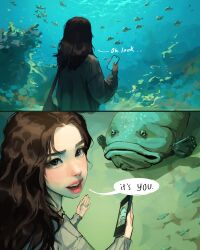 1girl aegyo_sal aquarium bag baggy_clothes black_eyes blobfish brown_hair caustics english_text fish grey_shirt highres holding holding_phone lipstick long_hair looking_at_viewer makeup original phone sam_yang shirt shoulder_bag speech_bubble split_crop taking_picture wavy_hair