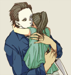 1boy 1girl 2012 age_difference brown_hair child dress green_dress halloween_(movie) height_difference holding holding_knife hug jamie_lloyd knife komatta0 michael_myers older_man_and_younger_girl size_difference uncle_and_niece white_background white_mask