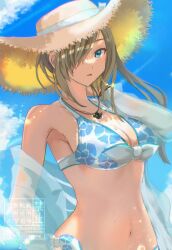 1girl bare_shoulders bikini blue_bikini blue_eyes blue_sky blurry blurry_background breasts brown_hair cleavage cloud cloudy_sky commentary_request floral_print floral_print_bikini front-tie_bikini_top front-tie_top hair_over_one_eye halterneck hand_on_own_neck hat horizon jewelry komegura large_breasts light_blush long_hair long_sleeves looking_at_viewer navel necklace ocean official_alternate_costume one_eye_covered open_clothes open_shirt outdoors parted_lips print_bikini see-through_clothes see-through_shirt shirt side-tie_bikini_bottom sky solo stomach straw_hat sweat sweatdrop swimsuit tales_of_(series) tales_of_asteria tales_of_the_abyss tear_grants twitter_username upper_body wet
