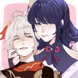 1boy 1girl ahoge blunt_bangs bridal_gauntlets cheek_pinching closed_mouth clothing_cutout commission couple flower flower_ornament genshin_impact hair_between_eyes hair_ornament hashtag-only_commentary head_tilt heads_together highres huge_ahoge japanese_clothes kaedehara_kazuha kimono leaning_on_person leaning_to_the_side light_smile long_hair looking_at_viewer looking_to_the_side miyaaz_xx00 multicolored_hair neck_ribbon no_mole off_shoulder one_eye_closed parted_lips pinching purple_eyes purple_flower purple_hair purple_kimono purple_nails raiden_shogun red_eyes red_ribbon ribbon scarf shade short_hair shoulder_cutout standing streaked_hair upper_body wavy_hair