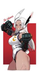 1girl absurdres animal_ears bare_shoulders blush boku_no_hero_academia breasts clenched_hands clothing_cutout collared_leotard commentary crescent_print cropped_legs dark-skinned_female dark_skin english_commentary english_text from_side grin highleg highleg_leotard highres large_breasts leotard long_eyelashes long_hair looking_at_viewer mechanical_arms mirko notched_ear parted_bangs prosthetic_ear rabbit_ears rabbit_girl rabbit_tail ratatatat74 red_background red_eyes scar scar_on_face scar_on_leg shiny_skin smile solo tail tail_through_clothes teeth thick_thighs thighs toned toned_female very_long_hair white_background white_hair white_leotard