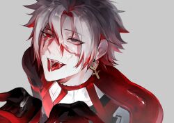 1boy absurdres after_fellatio ankh_earrings black_gloves burn_scar chuan colored_inner_hair cum cum_in_mouth cum_in_nose cum_on_body cum_on_hair cum_on_hands cum_on_tongue earrings facial fangs gloves grey_eyes hair_between_eyes heterochromia highres implied_after_fellatio jewelry male_focus medium_hair multicolored_hair open_mouth red_eyes scar scar_(wuthering_waves) scar_across_eye scar_on_face simple_background solo tongue tongue_out tongue_tattoo two-tone_hair white_background white_hair wuthering_waves yaoi