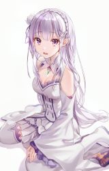 1girl boots braid breasts cleavage crown_braid detached_collar detached_sleeves emilia_(re:zero) flower frilled_sleeves frills hair_flower hair_ornament hair_ribbon highres jewelry kneeling layered_skirt long_hair long_sleeves medium_breasts miniskirt nagul open_mouth pleated_skirt pointy_ears purple_eyes purple_ribbon re:zero_kara_hajimeru_isekai_seikatsu ribbon silver_hair simple_background sitting skirt solo thigh_boots thighhighs very_long_hair wariza white_background white_boots white_flower white_skirt white_sleeves wide_sleeves