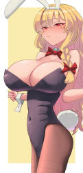 1girl :/ absurdres alternate_breast_size animal_ears black_leotard blonde_hair blush bow bowtie braid breasts brown_pantyhose closed_mouth commentary_request cookie_(touhou) covered_navel cowboy_shot detached_collar fake_animal_ears fake_tail hair_between_eyes hair_bow highres kirisame_marisa large_breasts leotard long_hair looking_at_viewer pantyhose playboy_bunny pyukasshori rabbit_ears rabbit_tail red_bow red_bowtie red_eyes side_braid simple_background single_braid solo star_sticker strapless strapless_leotard suzu_(cookie) tail touhou two-tone_background unusually_open_eyes white_background wrist_cuffs yellow_background