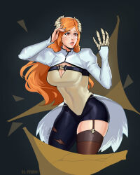 1girl alternate_costume bleach breasts brown_eyes claws cleavage el_cuervo freckles horns inoue_orihime long_hair monster_girl orange_hair thick_thighs thighs torn_clothes