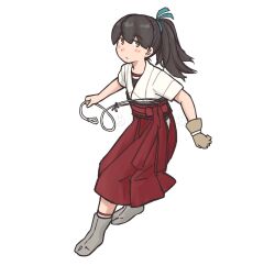 1girl alternate_hairstyle black_hair boots brown_eyes brown_gloves commentary_request dougi full_body gloves grey_boots hakama hakama_skirt highres japanese_clothes kantai_collection kasuga_maru_(kancolle) long_hair looking_at_viewer ponytail porusasu red_hakama rope simple_background single_glove skirt solo swept_bangs white_background