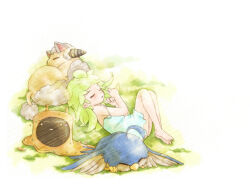 1girl ahoge amistr_(ragnarok_online) barefoot bird blue_bird blue_dress closed_eyes commentary_request daike_(yataka) dress filir_(ragnarok_online) full_body green_hair lif_(ragnarok_online) long_hair open_mouth ragnarok_online sheep sleeping sleeveless sleeveless_dress slime_(creature) solo vanilmirth_(ragnarok_online)