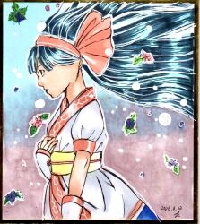 Rule 34 | 1girl, ainu clothes, blue hair, breasts, dated, fingerless gloves, from side, gloves, hair ribbon, hand on own chest, legs, long hair, nakoruru, pants, ribbon, samurai spirits, small breasts, snk, solo, the king of fighters, the king of fighters xv, thighs, traditional media