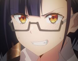 1girl anime_screenshot glasses grin highres nias_carlin office_lady orange_eyes ore_wa_seikan_kokka_no_akutoku_ryoushu! purple_hair short_hair smile solo stitched sweatdrop teeth third-party_edit