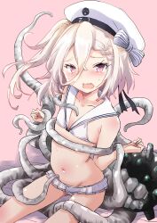 Rule 34 | 1girl, abyssal ship, azur lane, bikini, bikini skirt, commission, cosplay, enemy naval mine (kancolle), fuji (pixiv24804665), hair between eyes, hat, highres, kantai collection, long hair, looking at viewer, lowleg, lowleg bikini, name connection, navel, open mouth, peaked cap, pink background, pixiv commission, purple eyes, sailor bikini, sailor collar, sailor hat, short braid, simple background, solo, swimsuit, teeth, tentacles, white bikini, white hair, white hat, white sailor collar, z1 leberecht maass (azur lane), z1 leberecht maass (kancolle), z1 leberecht maass (kancolle) (cosplay), z1 leberecht maass (swimsuit) (kancolle)