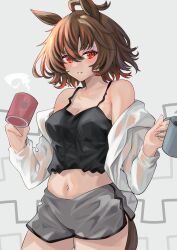 1girl agnes_tachyon_(umamusume) ahoge animal_ears black_camisole blush breasts brown_hair camisole commentary_request cowboy_shot cup dolphin_shorts grey_background grey_shorts highres hisagi_(hisagi00) holding holding_cup horse_ears horse_girl horse_tail looking_at_viewer medium_breasts midriff mug navel open_clothes open_shirt orange_eyes parted_lips shirt short_hair shorts solo tail umamusume white_shirt