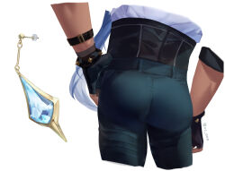 1boy ass ass_focus black_gloves blue_hair dark-skinned_male dark_skin earrings fingerless_gloves from_behind genshin_impact gloves green_pants hand_on_own_hip hashtag-only_commentary highres jewelry kaeya_(genshin_impact) long_hair lower_body male_focus pants simple_background solo spikes twitter_username vc_ooo white_background