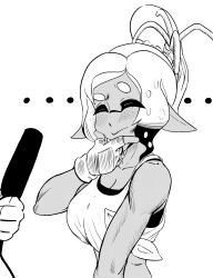 ... breasts cleavage closed_eyes freckles gloves greyscale inkling mechanic_(splatoon_raiders) microphone monochrome moodyrover nintendo pointy_ears splatoon_(series) splatoon_raiders tentacle_hair thinking
