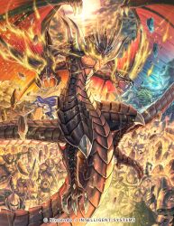 1girl 6+boys altina_(fire_emblem) armor black_scales claws commentary company_name debris deghinsea_(fire_emblem) dragon fire_emblem fire_emblem:_radiant_dawn fire_emblem_cipher izuka_daisuke lance lion multiple_boys nintendo official_art outdoors polearm red_eyes soan_(fire_emblem) sword tail weapon wings