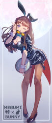 1girl ;o alternate_costume animal_ear_hairband animal_ears black_dress black_leotard black_shoes breasts brown_hair brown_thighhighs character_name cleavage commentary_request detached_collar dress fake_animal_ears fishnet_thighhighs fishnets fujishima_megumi full_body full_moon hairband high_heels highres holding holding_removed_eyewear holding_tray large_breasts leotard leotard_under_clothes link!_like!_love_live! looking_at_viewer love_live! macken666 moon nontraditional_playboy_bunny one_eye_closed open_clothes open_dress partial_commentary purple_eyes rabbit_ear_hairband rabbit_ears shoes short_dress solo standing stiletto_heels sunglasses thighhighs tinted_eyewear tray two_side_up unworn_eyewear virtual_youtuber white_wrist_cuffs wrist_cuffs yellow-tinted_eyewear zettai_ryouiki