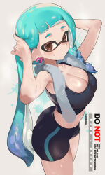 1girl breasts cleavage inkling_girl inkling_player_character jinkoika nintendo scarf shorts solo splatoon_(series) sports_bra sweat