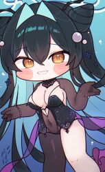 1girl absurdres aqua_hair asymmetrical_legwear black_hair blush bodysuit bracelet breasts chibi cleavage colored_inner_hair commentary covered_navel cowboy_shot deformed double-parted_bangs double_bun dutch_angle goddess_of_victory:_nikke hair_between_eyes hair_bun hair_ornament halterneck hands_up highres jewelry little_mermaid_(abyss_flower)_(nikke) little_mermaid_(nikke) long_sleeves looking_at_viewer mming_(mmingis18) multicolored_hair official_alternate_costume pearl_hair_ornament radio_antenna smile solo star_(symbol) star_hair_ornament symbol-only_commentary yellow_eyes