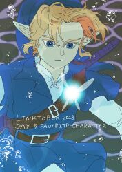 1boy 2023 belt blonde_hair blue_eyes bubble collared_shirt dated fairy hat link looking_at_another male_focus master_sword navi nintendo pointy_ears shirt shrub_mtg solo the_legend_of_zelda the_legend_of_zelda:_ocarina_of_time tunic underwater upper_body zora_tunic