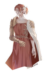 1girl absurdres amputee blind cape dress elden_ring flower formal_clothes hair_bun highres long_hair malenia_blade_of_miquella mechanical_arms prosthesis prosthetic_arm red_hair simple_background single_mechanical_arm solo te-ay-123