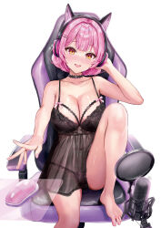 1girl :d adjusting_clothes adjusting_headwear animal_ear_headphones animal_ears babydoll barefoot black_choker blush bob_cut bra breasts cat_ear_headphones chair choker cleavage computer_mouse dress fake_animal_ears feet_on_chair gaming_chair hair_intakes hair_ornament hairclip headphones highres invisible_table knee_up lace lace-trimmed_bra lace_panties lace_trim medium_breasts microphone mousepad_(object) nako_mei navel ninki_haishinsha-tachi_no_manager_ni_nattara_zenin_motokano_datta nose_blush novel_illustration official_art on_chair open_mouth orange_eyes outstretched_arm outstretched_hand panties pink_hair pink_nails raised_inner_eyebrows sakamuke see-through_clothes see-through_dress simple_background sitting sleeveless sleeveless_dress smile solo spaghetti_strap swivel_chair third-party_source underwear variant_set white_background