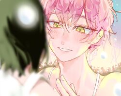 2girls alien_stage black_hair commentary hashtag-only_commentary highres looking_at_another mizi_(alien_stage) multiple_girls pink_hair pinxars short_hair smile spaghetti_strap sua_(alien_stage) very_short_hair yellow_eyes